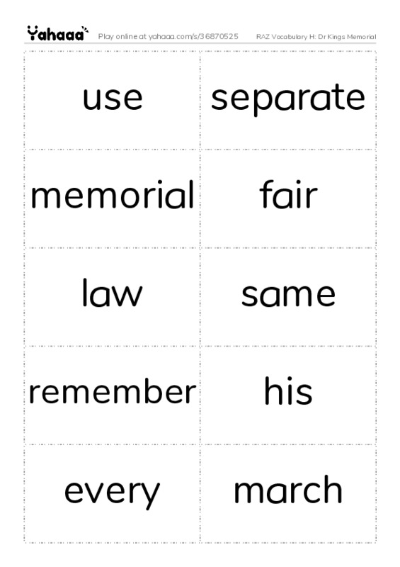 RAZ Vocabulary H: Dr Kings Memorial PDF two columns flashcards
