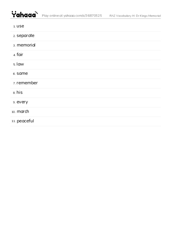 RAZ Vocabulary H: Dr Kings Memorial PDF words glossary