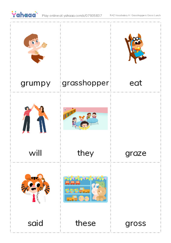RAZ Vocabulary H: Grasshoppers Gross Lunch PDF flaschards with images