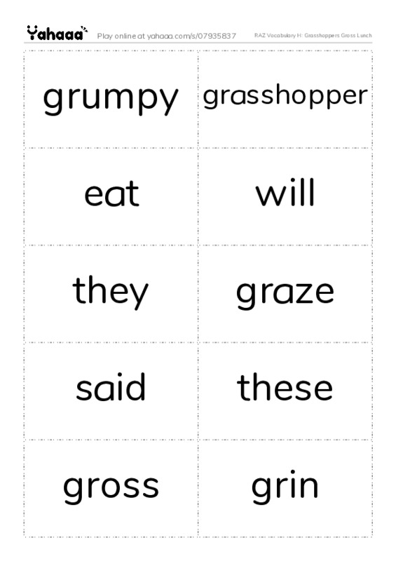 RAZ Vocabulary H: Grasshoppers Gross Lunch PDF two columns flashcards