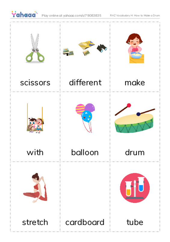 RAZ Vocabulary H: How to Make a Drum PDF flaschards with images