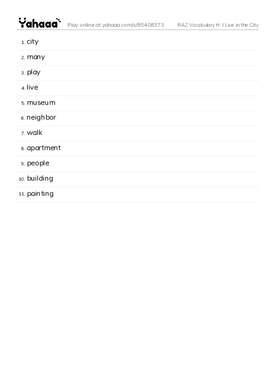 RAZ Vocabulary H: I Live in the City PDF words glossary