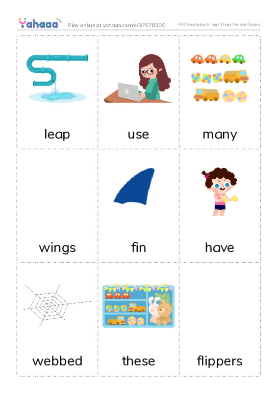RAZ Vocabulary H: Legs Wings Fins and Flippers PDF flaschards with images