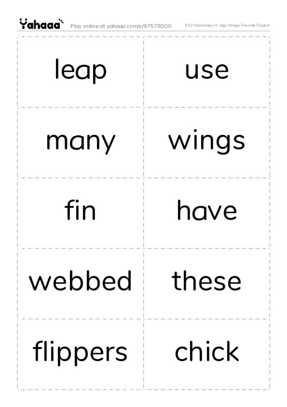 RAZ Vocabulary H: Legs Wings Fins and Flippers PDF two columns flashcards