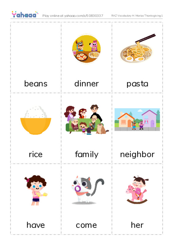 RAZ Vocabulary H: Marias Thanksgiving1 PDF flaschards with images