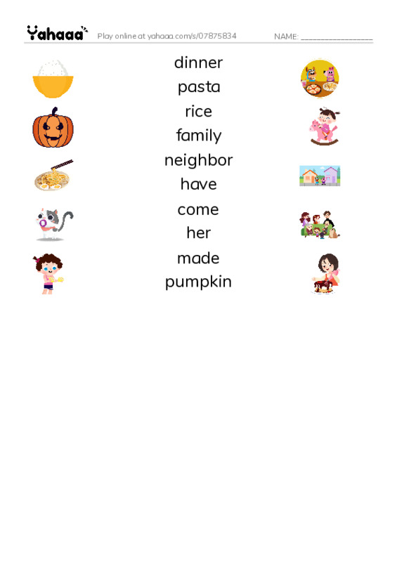 RAZ Vocabulary H: Marias Thanksgiving1 PDF three columns match words