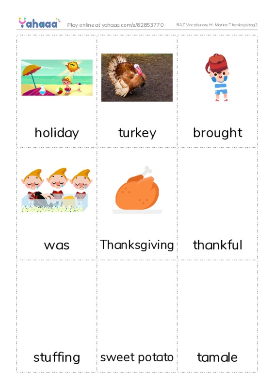 RAZ Vocabulary H: Marias Thanksgiving2 PDF flaschards with images