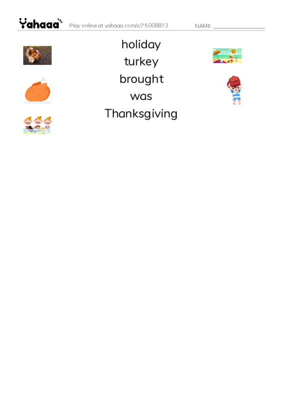 RAZ Vocabulary H: Marias Thanksgiving2 PDF three columns match words