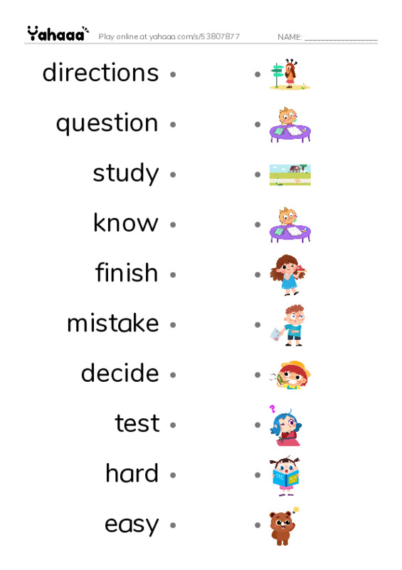 RAZ Vocabulary H: Math Test MixUp PDF link match words worksheet