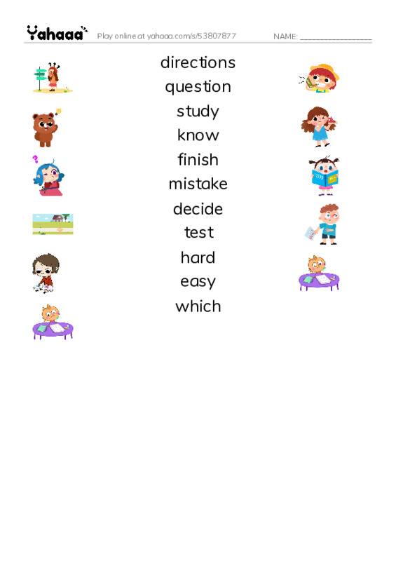 RAZ Vocabulary H: Math Test MixUp PDF three columns match words