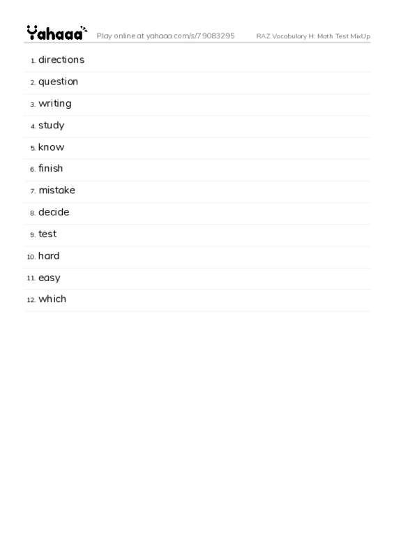 RAZ Vocabulary H: Math Test MixUp PDF words glossary