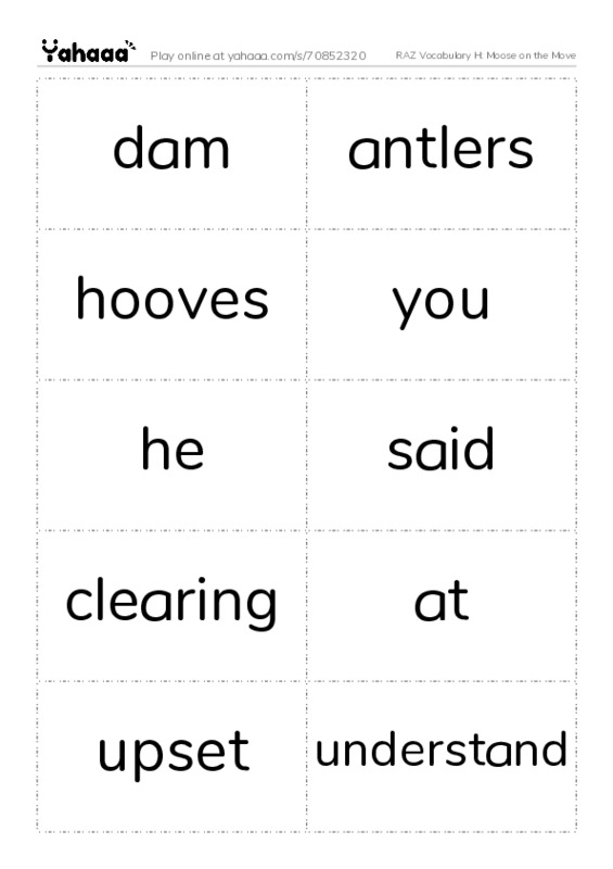 RAZ Vocabulary H: Moose on the Move PDF two columns flashcards