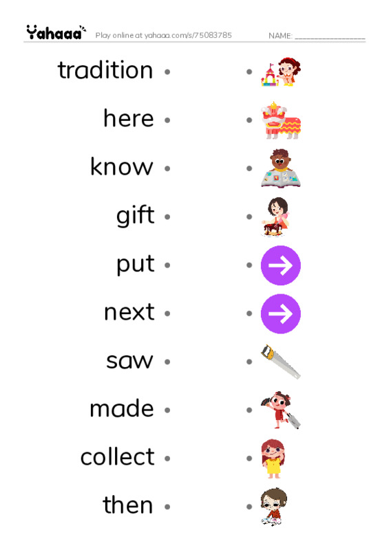 RAZ Vocabulary H: Namis Gifts PDF link match words worksheet