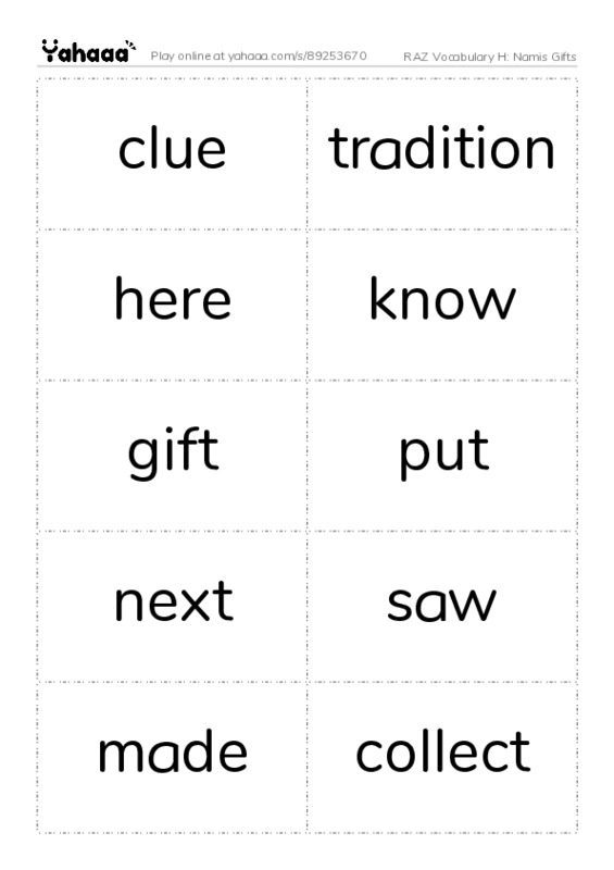 RAZ Vocabulary H: Namis Gifts PDF two columns flashcards