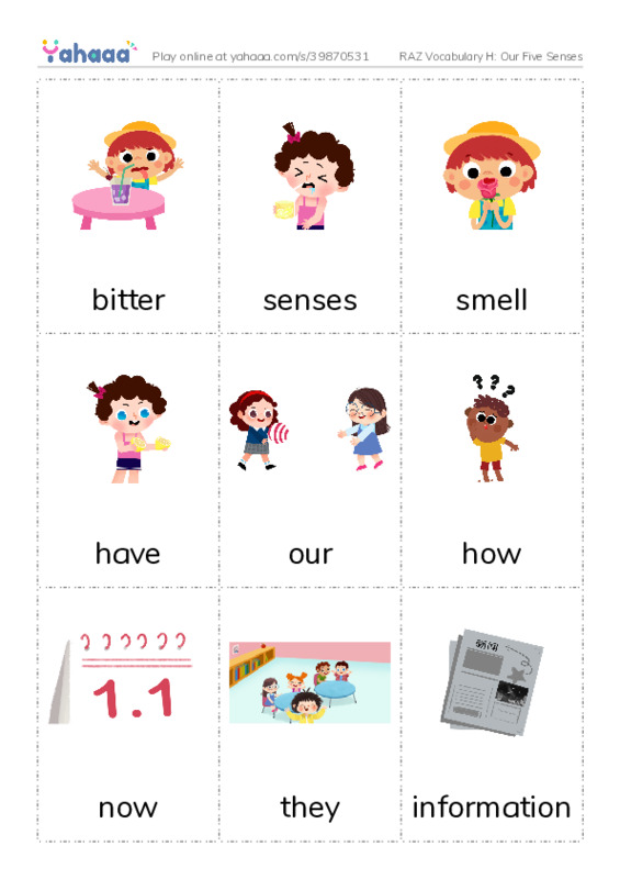 RAZ Vocabulary H: Our Five Senses PDF flaschards with images