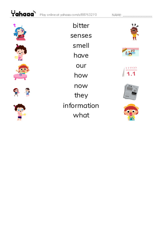 RAZ Vocabulary H: Our Five Senses PDF three columns match words