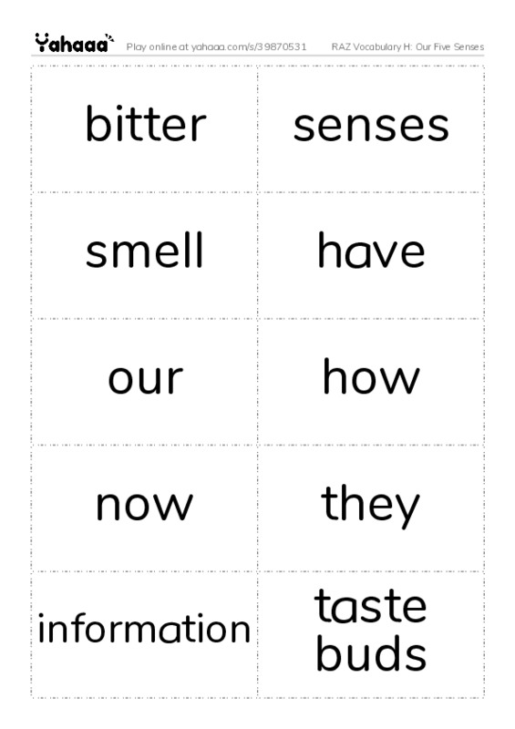 RAZ Vocabulary H: Our Five Senses PDF two columns flashcards