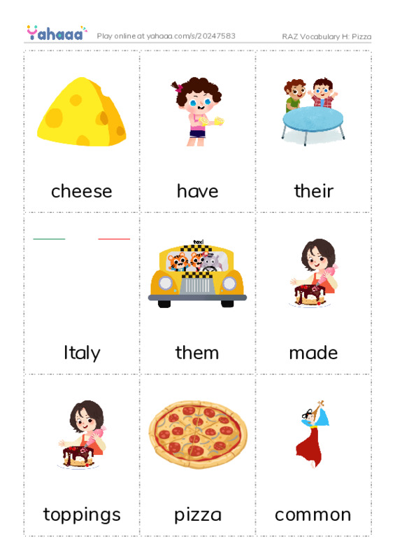 RAZ Vocabulary H: Pizza PDF flaschards with images