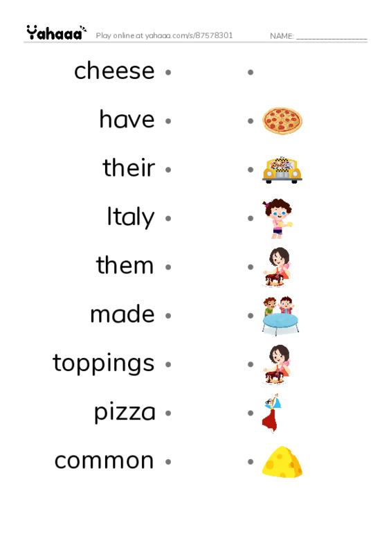 RAZ Vocabulary H: Pizza PDF link match words worksheet