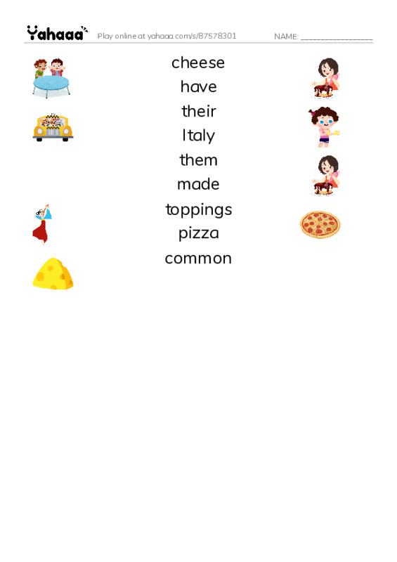 RAZ Vocabulary H: Pizza PDF three columns match words