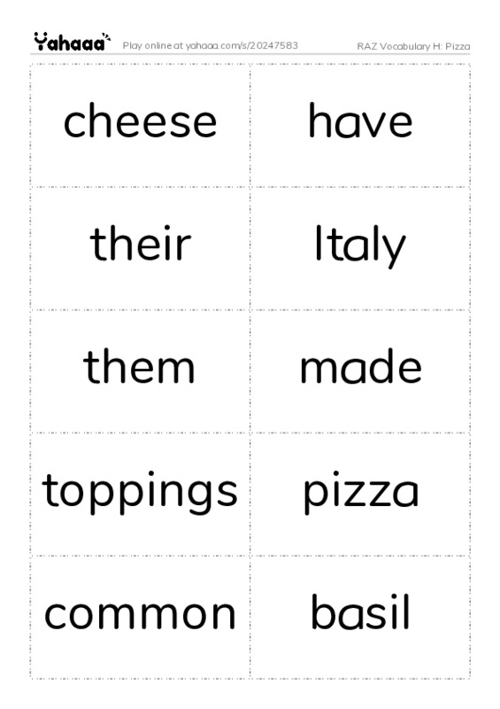 RAZ Vocabulary H: Pizza PDF two columns flashcards