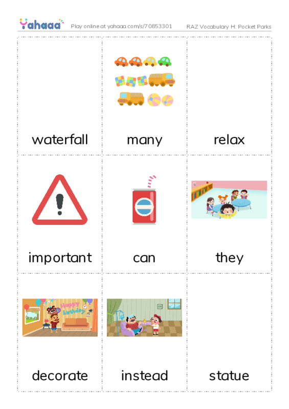 RAZ Vocabulary H: Pocket Parks PDF flaschards with images