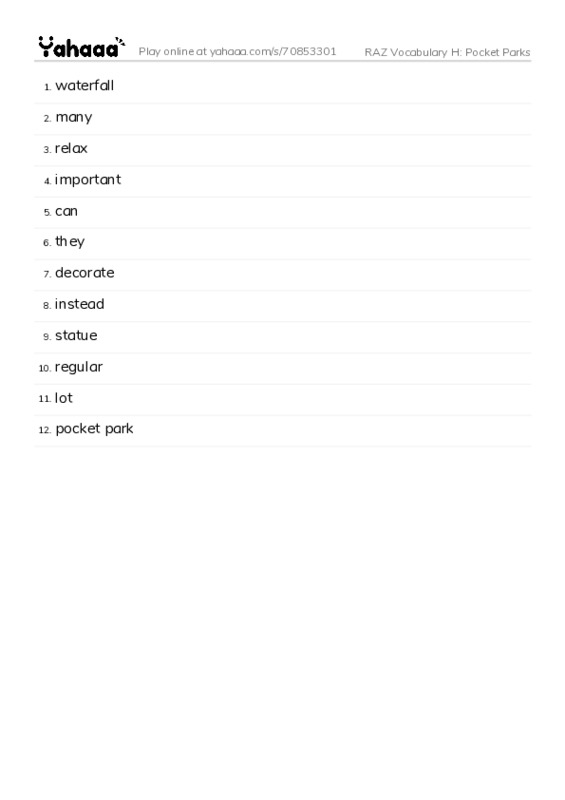 RAZ Vocabulary H: Pocket Parks PDF words glossary
