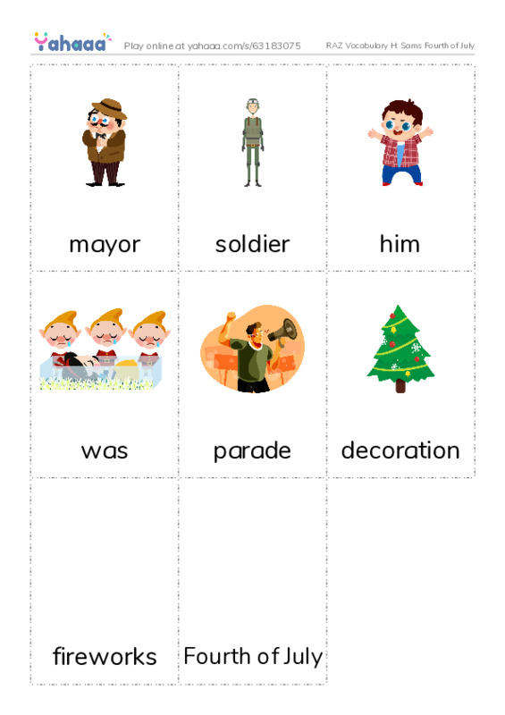 RAZ Vocabulary H: Sams Fourth of July PDF flaschards with images