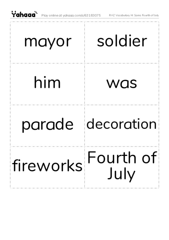RAZ Vocabulary H: Sams Fourth of July PDF two columns flashcards