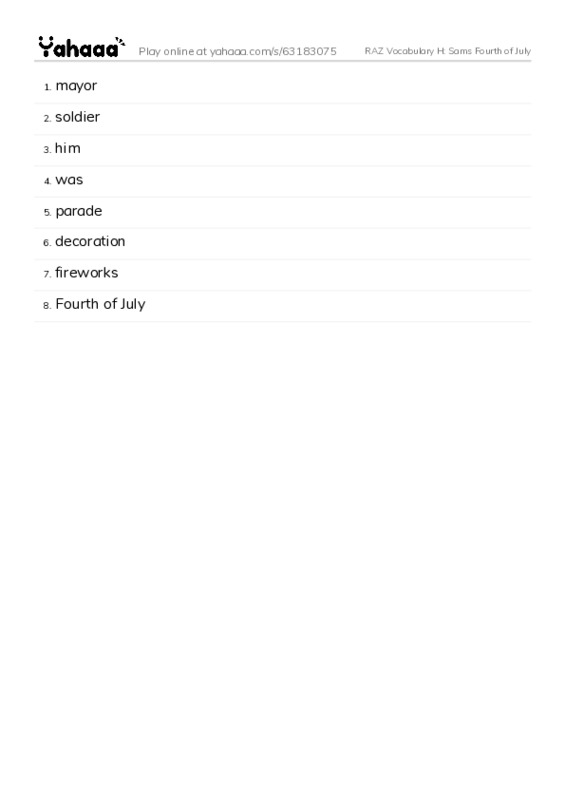 RAZ Vocabulary H: Sams Fourth of July PDF words glossary