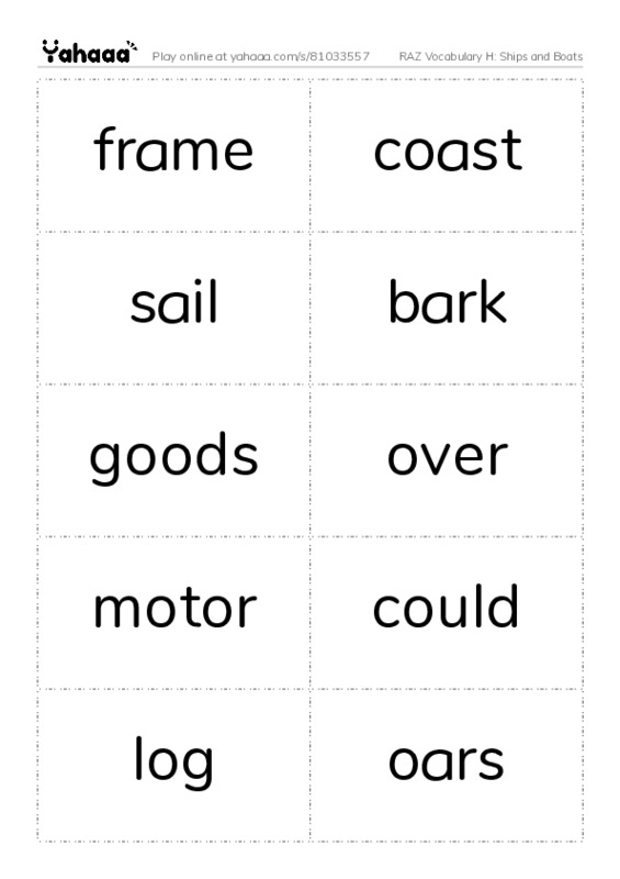 RAZ Vocabulary H: Ships and Boats PDF two columns flashcards