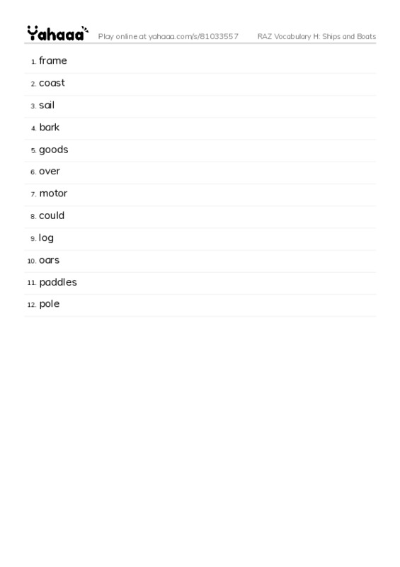 RAZ Vocabulary H: Ships and Boats PDF words glossary