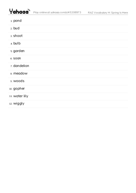 RAZ Vocabulary H: Spring Is Here PDF words glossary