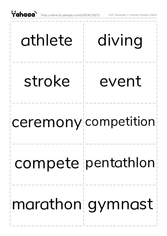RAZ Vocabulary H: Summer Olympics Events PDF two columns flashcards