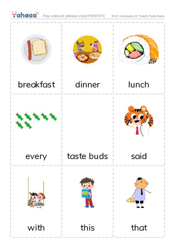 RAZ Vocabulary H: Terells Taste Buds PDF flaschards with images
