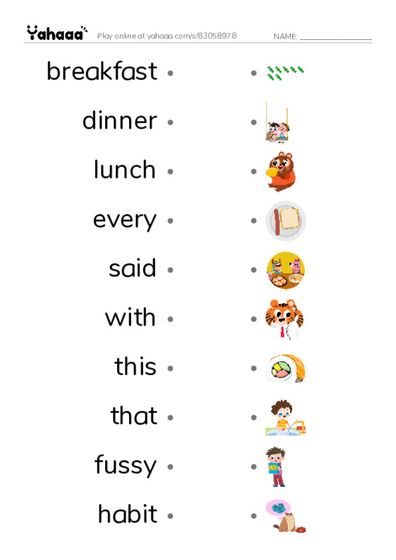 RAZ Vocabulary H: Terells Taste Buds PDF link match words worksheet