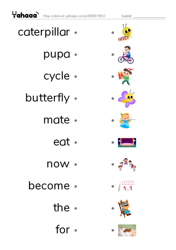 RAZ Vocabulary H: The Butterfly Life Cycle PDF link match words worksheet