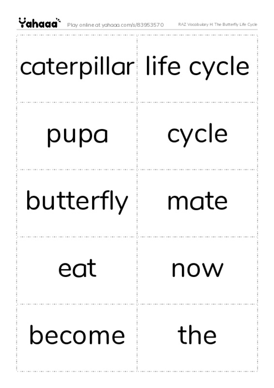 RAZ Vocabulary H: The Butterfly Life Cycle PDF two columns flashcards
