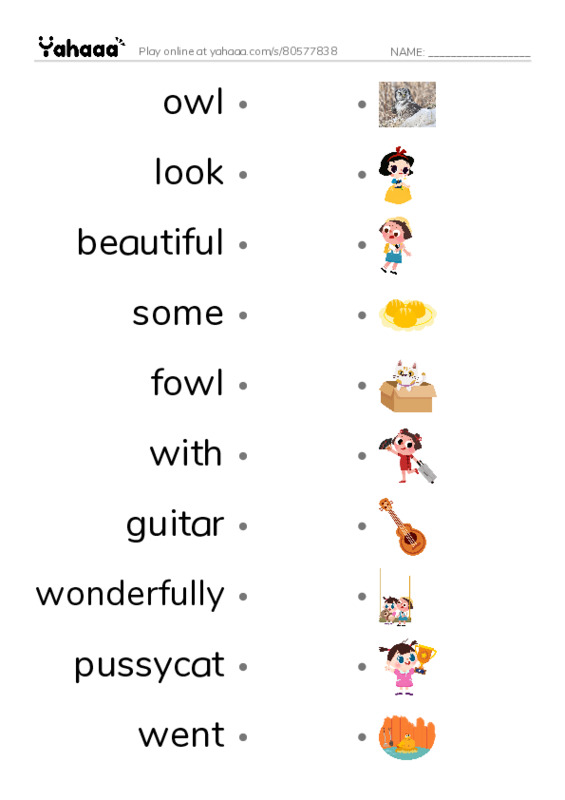 RAZ Vocabulary H: The Owl and the Pussycat PDF link match words worksheet