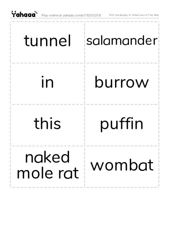 RAZ Vocabulary H: What Lives in This Hole PDF two columns flashcards