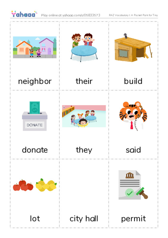RAZ Vocabulary I: A Pocket Park for Tiny PDF flaschards with images