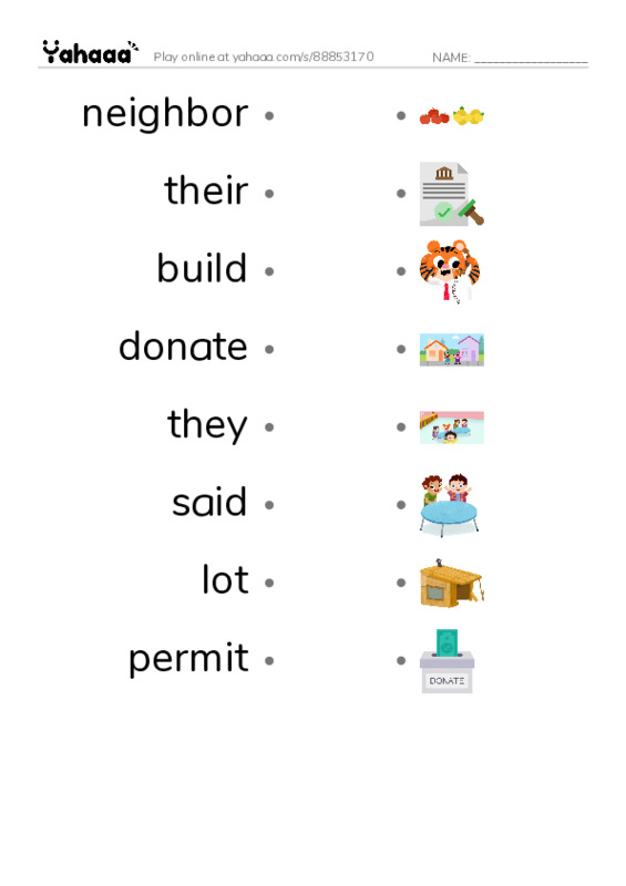 RAZ Vocabulary I: A Pocket Park for Tiny PDF link match words worksheet