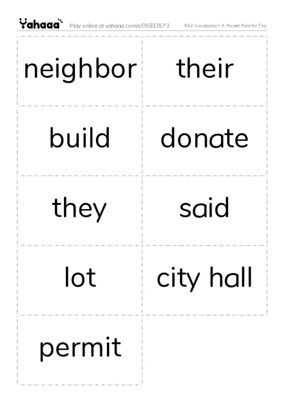 RAZ Vocabulary I: A Pocket Park for Tiny PDF two columns flashcards