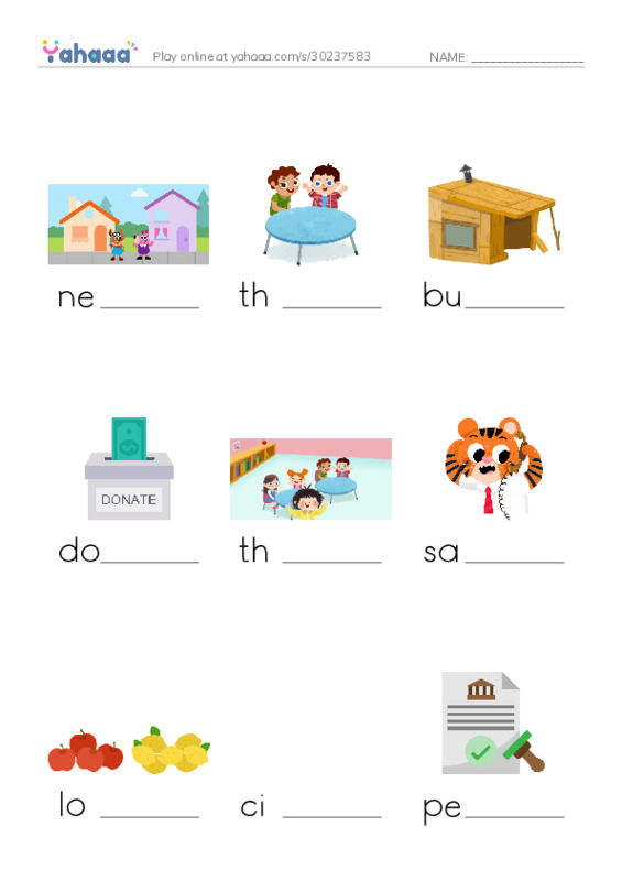 RAZ Vocabulary I: A Pocket Park for Tiny PDF worksheet to fill in words gaps