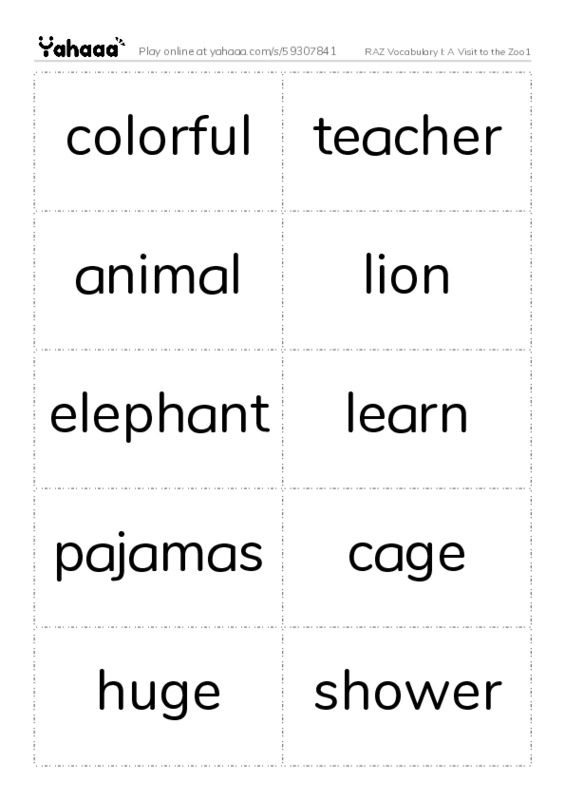 RAZ Vocabulary I: A Visit to the Zoo1 PDF two columns flashcards