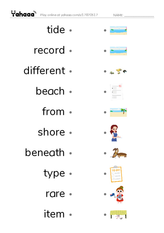 RAZ Vocabulary I: Amazing Beaches PDF link match words worksheet