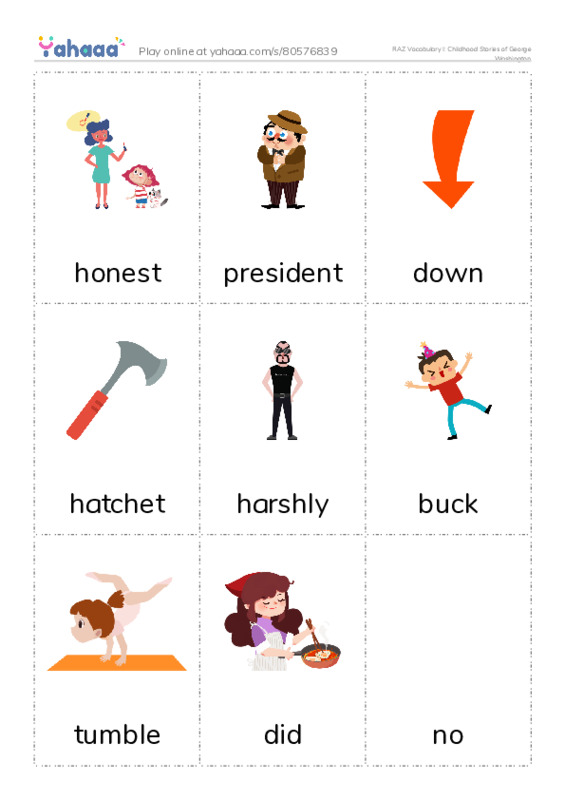 RAZ Vocabulary I: Childhood Stories of George Washington PDF flaschards with images