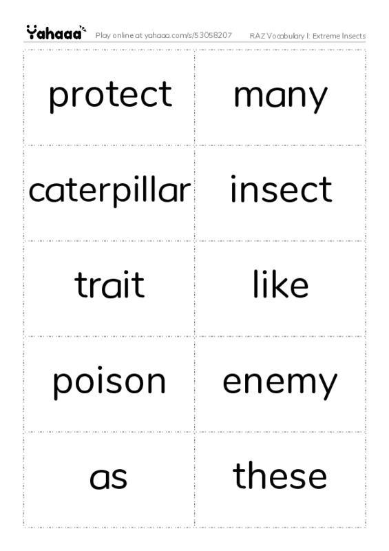 RAZ Vocabulary I: Extreme Insects PDF two columns flashcards