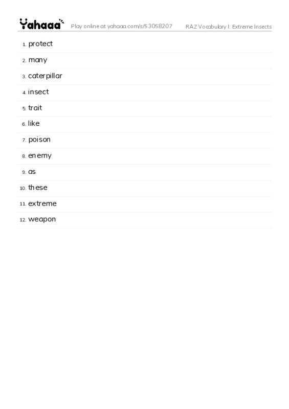 RAZ Vocabulary I: Extreme Insects PDF words glossary