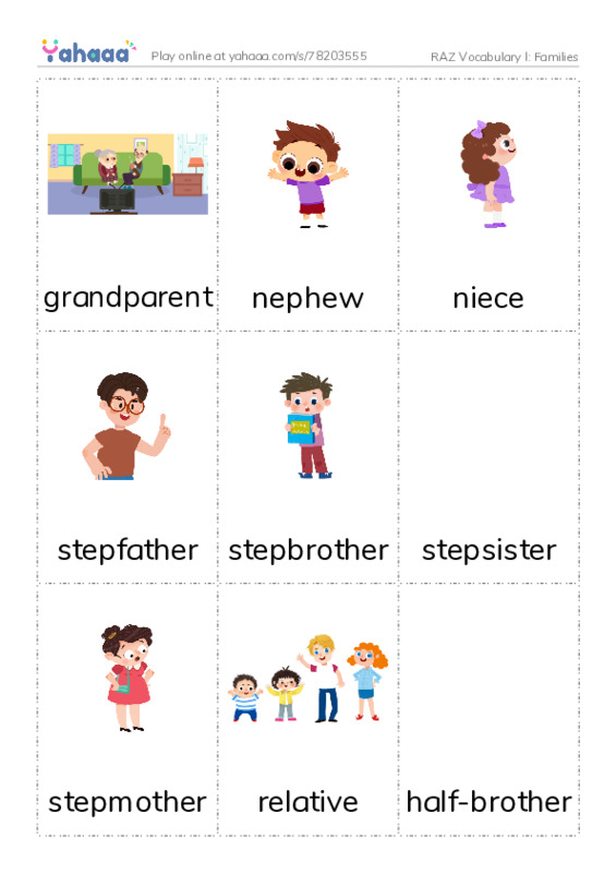 RAZ Vocabulary I: Families PDF flaschards with images
